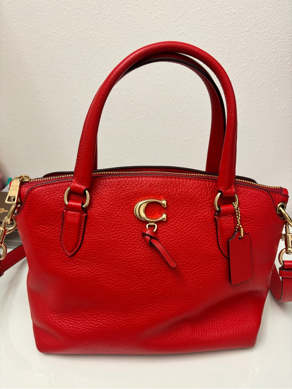 Coach Red Leather Pebbled Satchel With Gold Hardware